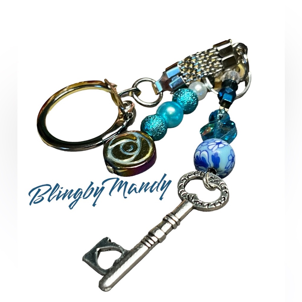Purse bling keychain with key theme-blues